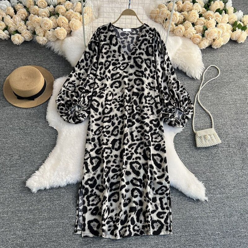 Leopard Print V-Neck Straight Dress For Women Gray One Size