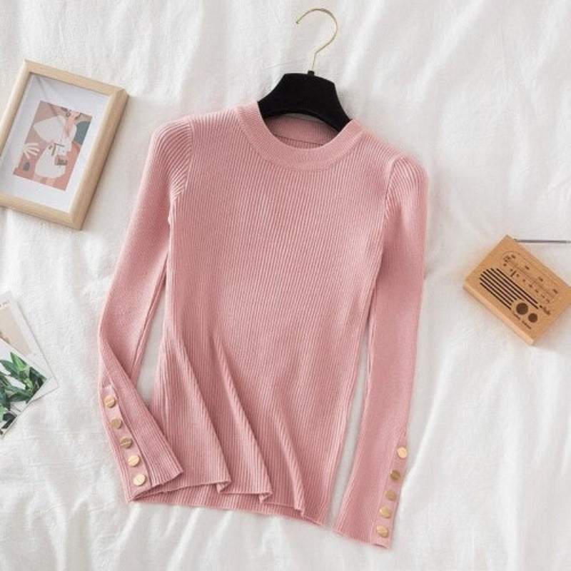 O-Neck Knitted Long Pullover For Women Pink One Size