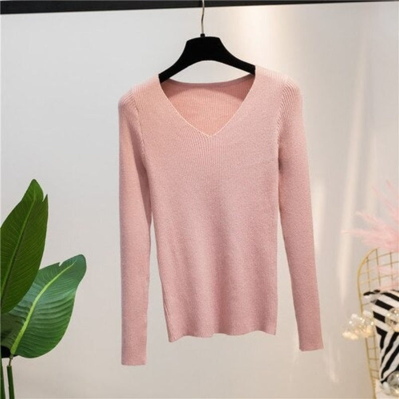 V-Neck Knitted Long-Sleeved Slim Tight Pullover For Women Pink One Size