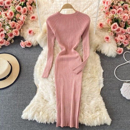 O-Neck Winter Knitted Bodycon Sweater Dress Pink One Size