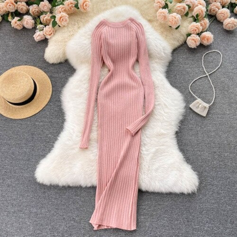 O-Neck Elastic Warm Knitted Sweater Dress One Size Pink