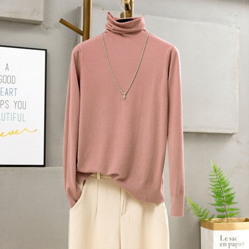 Soft Cashmere Turtleneck Slim-Fit Pullovers For Women Pink One Size