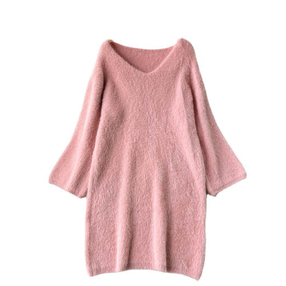 Loose V-Neck Vintage Knitted Sweater Dress One Size Pink