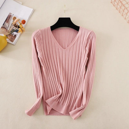 Basic V-Neck Solid Bodycon Knitted Sweater For Women Light Pink One Size