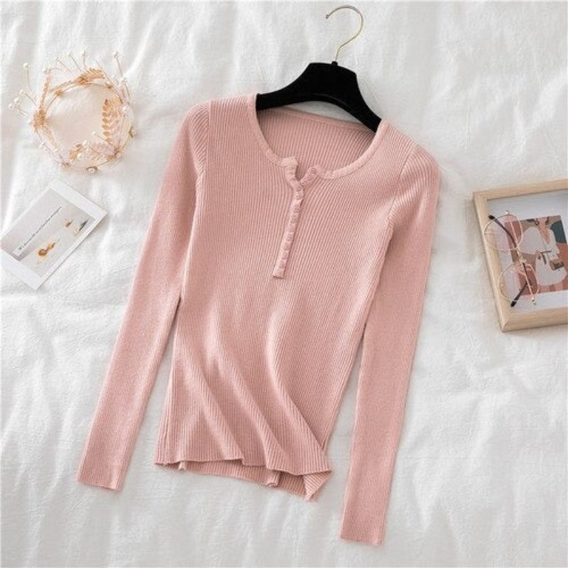 V-Neck Knitted Thin Long Sleeves Pullover For Women Pink One Size