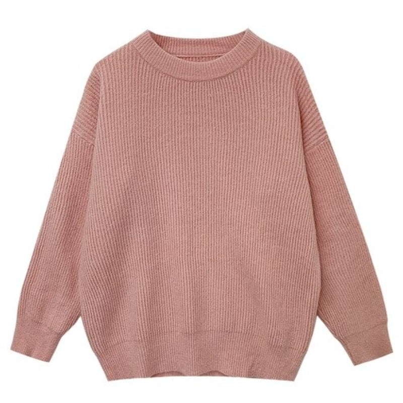 Cashmere Knitted Solid Long-Sleeved Pullover For Women Pink One Size