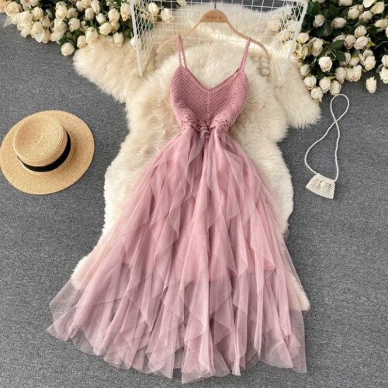 Irregular Net Gauze Fluffy Dress For Women Pink