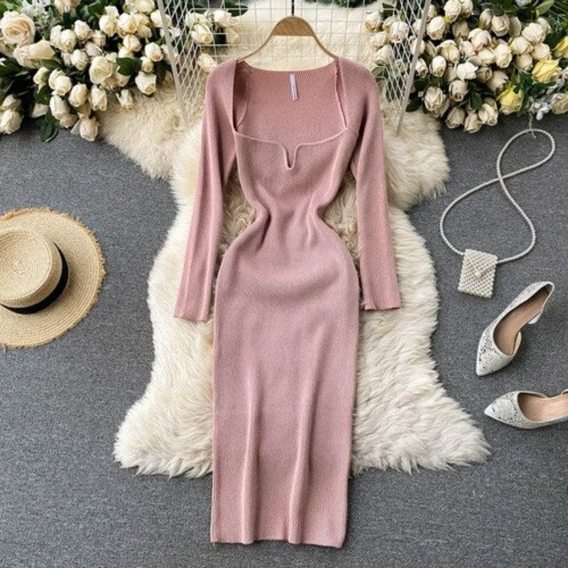 Elegant Low Neck Long Sleeve Dress For Women Pink One Size