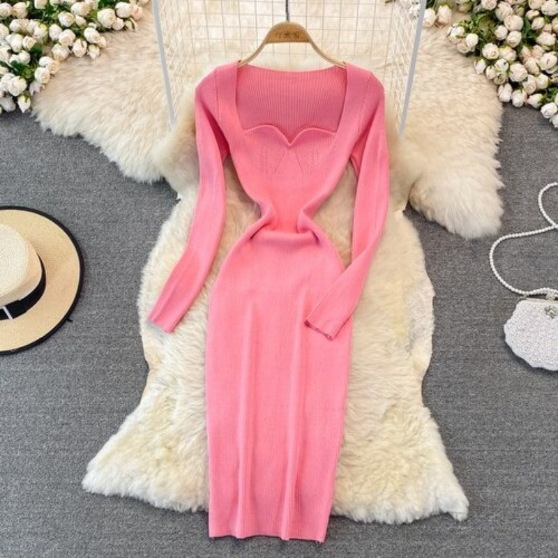 Elegant Low Neck Tight Stretch Knit Dress For Women Pink One Size