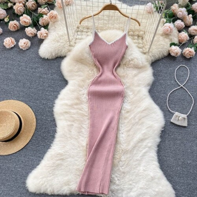 V Neck Knitted Hollow Sleeveless Dress For Women Pink One Size