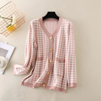 Elegant Houndstooth Knit Oversized Cardigan For Women Light Pink One Size