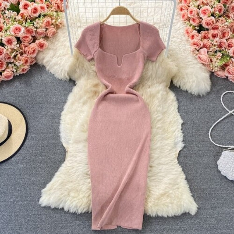 Knitted Square Neck Slit Slim Dress Pink One Size