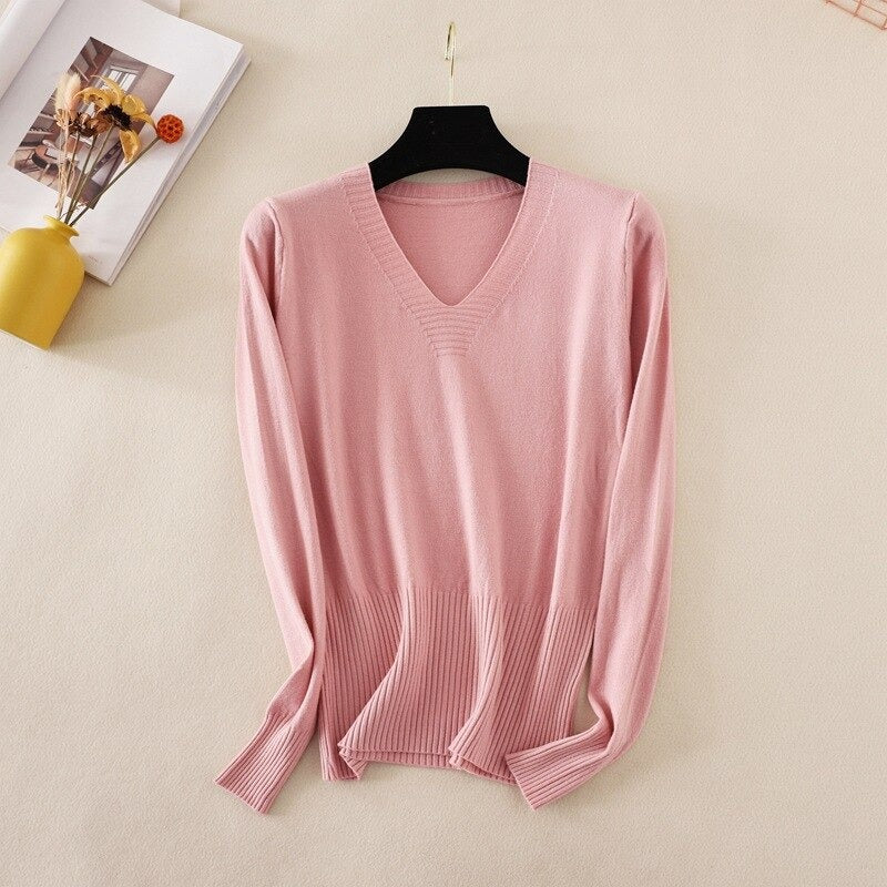 Slim Knitted Long Sleeve Sweater Jumper For Women Pink One Size