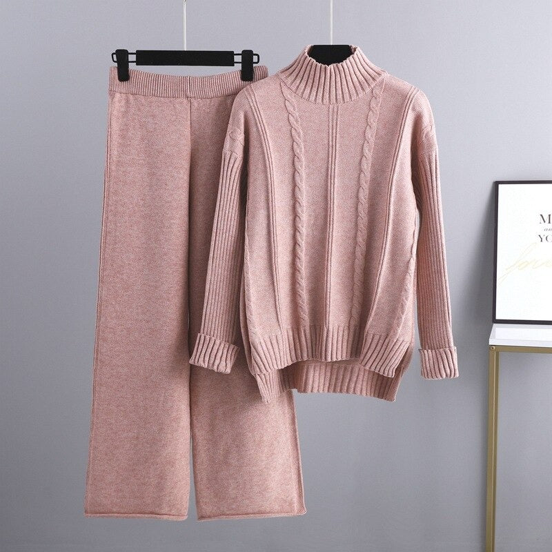 Warm Cashmere Sweater And Pants Sets For Women Pink One Size