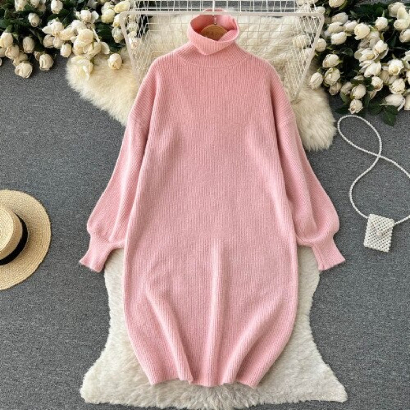 Loose Turtleneck Knitted Slim Long Woolen Dress One Size Pink