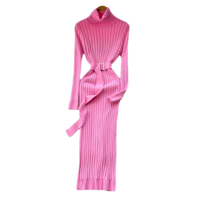 Knitted Waist Slimming Long Bodycon Dress With Belt One Size Pink