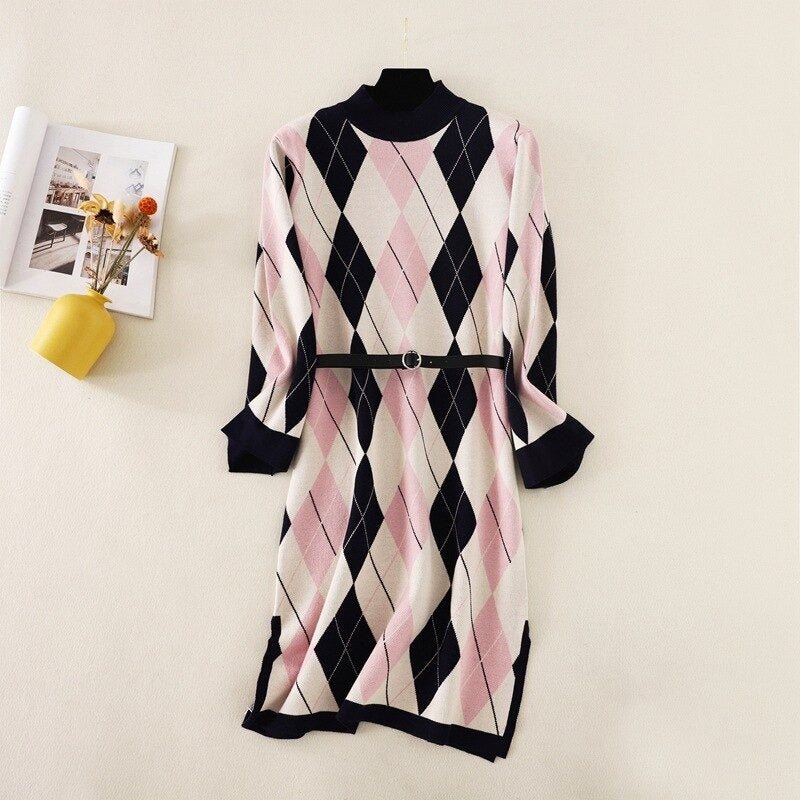 Retro Loose Plaid Sweater Dress For Women One Size Pink