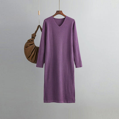 Long Sleeve Over Knee Sweater Dress For Women Purple One Size