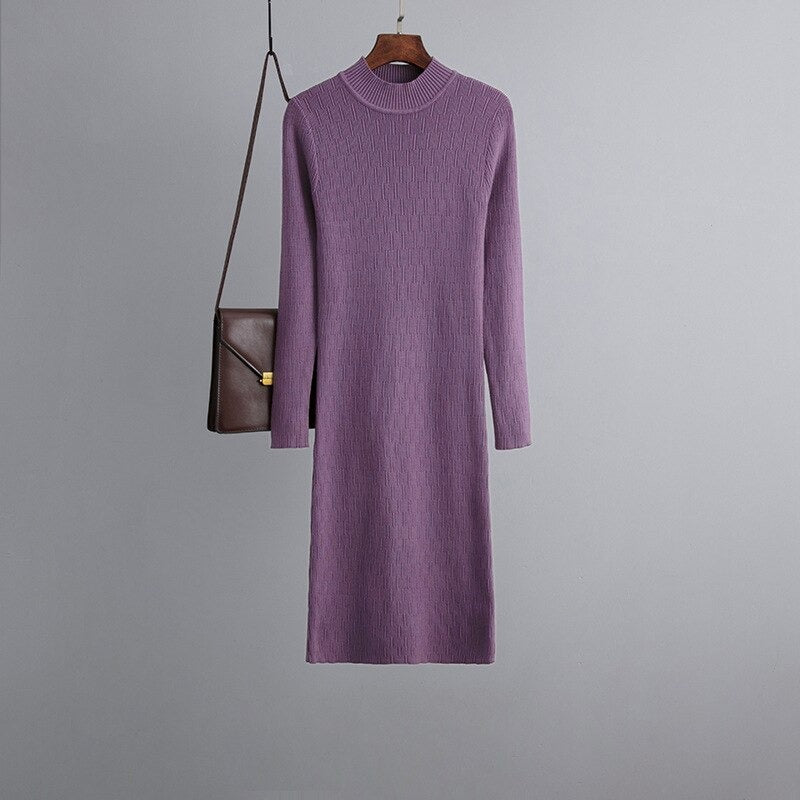 Knee-Length Ribbed Casual Sweater Dress For Women Purple One Size