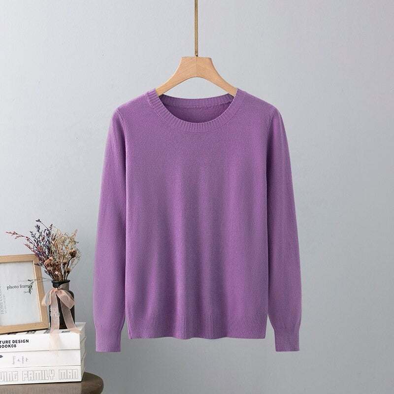 Warm Base Cashmere O-Neck Long-Sleeved Pullover Purple