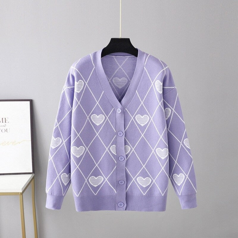 Warm Loose V-Neck Knitted Cardigan For Women Purple One Size