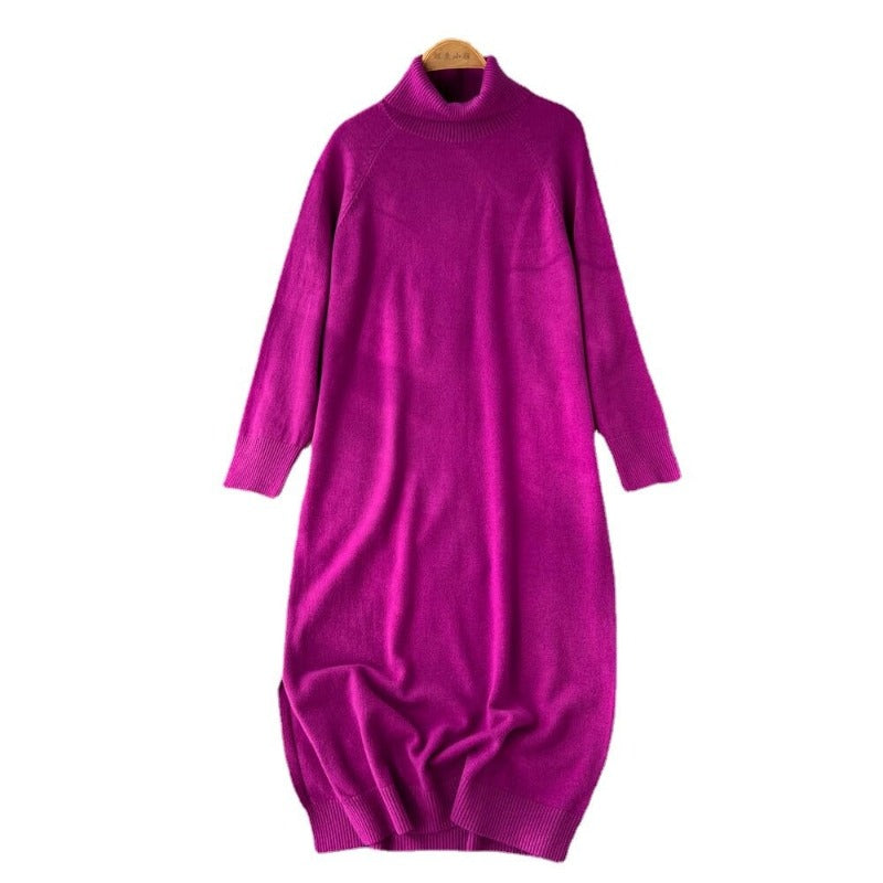 Loose Turtleneck Knitted Long Sleeve Sweater Dress One Size Purple