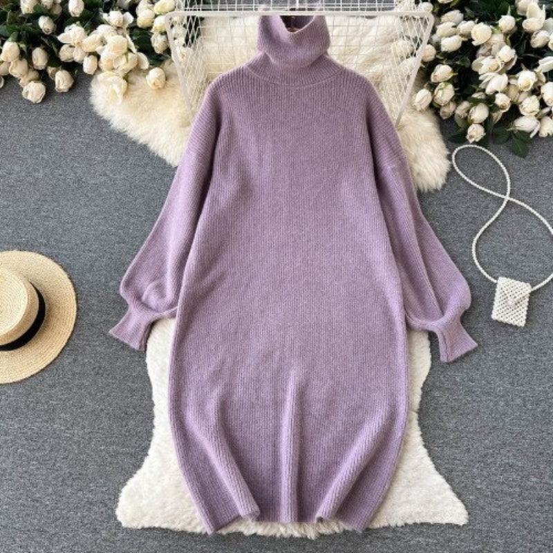 Loose Turtleneck Knitted Slim Long Woolen Dress One Size Purple