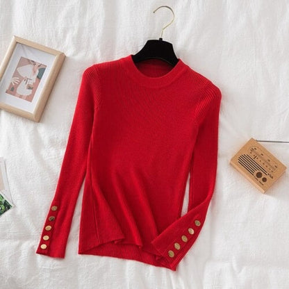 O-Neck Knitted Long Pullover For Women Red One Size