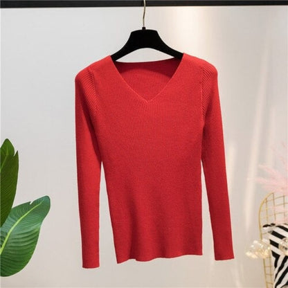 V-Neck Knitted Long-Sleeved Slim Tight Pullover For Women Red One Size