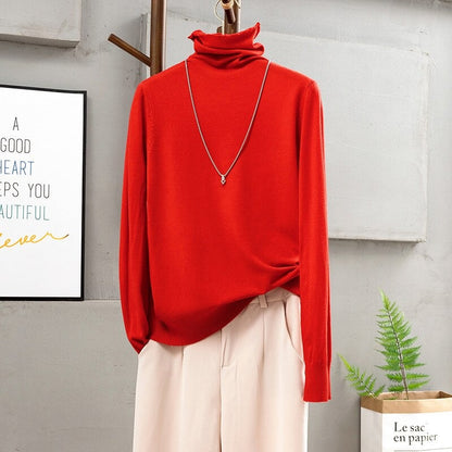 Soft Cashmere Turtleneck Slim-Fit Pullovers For Women Red One Size