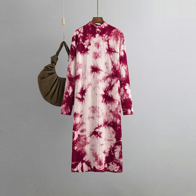 Loose Midi Retro Printed Soft Tie-Dyed Knitted Dress One Size Pink