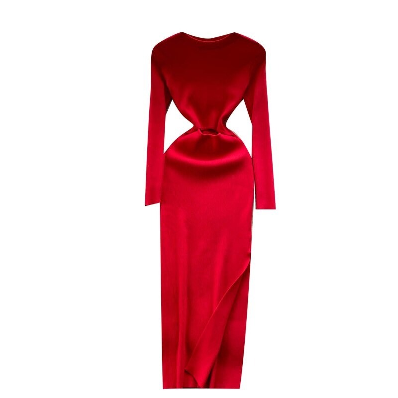 Elegant Hollow Out Knitted Dress For Women Red One Size