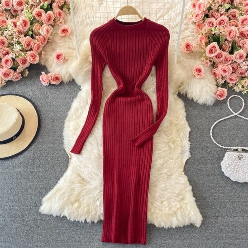 Bright Silk Elegant Knitted Long Sleeve Dress For Women Red One Size