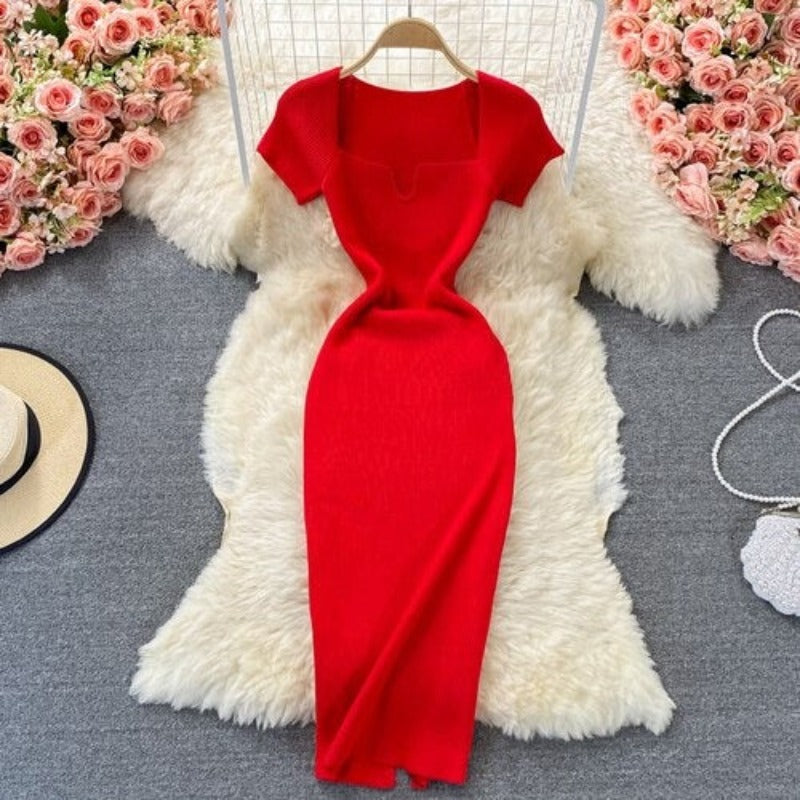 Knitted Square Neck Slit Slim Dress Red One Size