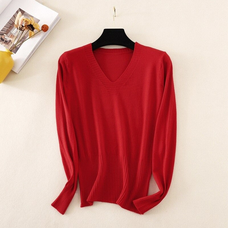 Slim Knitted Long Sleeve Sweater Jumper For Women Red One Size