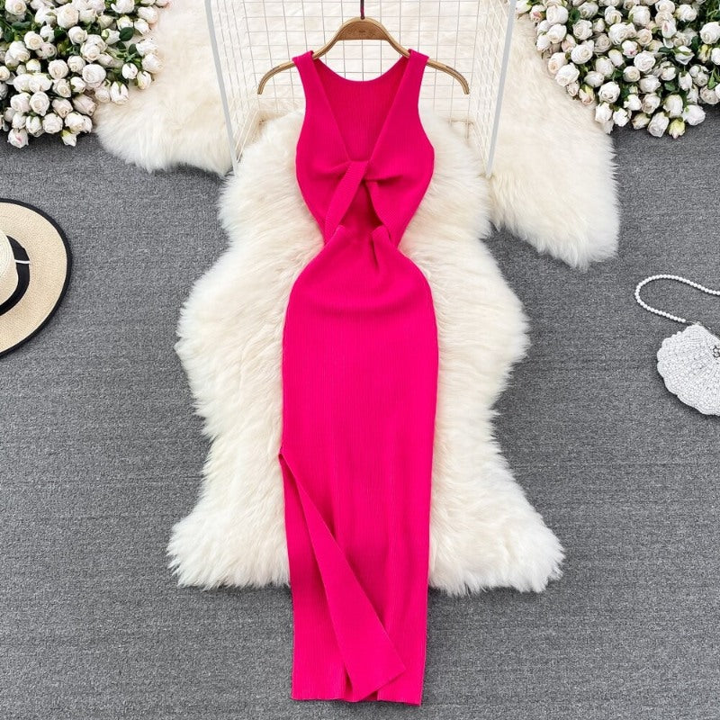 Casual Twisted Korean Long Dress For Women Rose-Red One Size