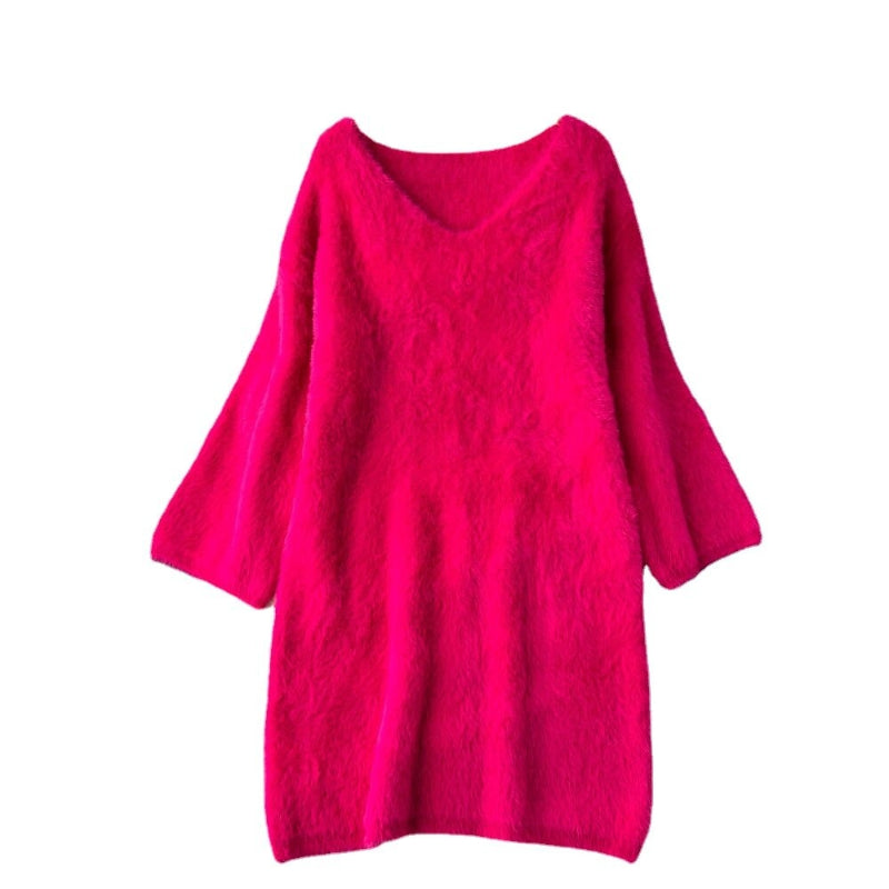 Loose V-Neck Vintage Knitted Sweater Dress One Size Rose Red