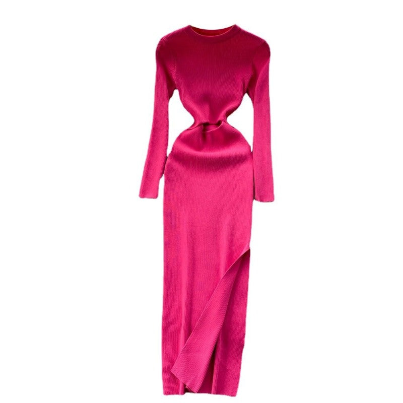 Elegant Hollow Out Knitted Dress For Women Pink One Size