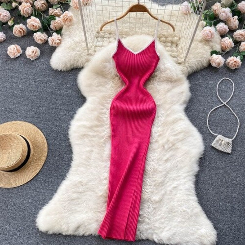 V Neck Knitted Hollow Sleeveless Dress For Women Rose-Red One Size