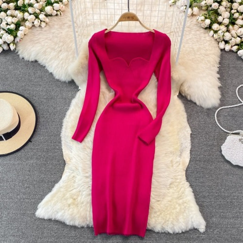 Women's Low-Neck Leaky Tight Stretch Knitted Dress Rose Red One Size