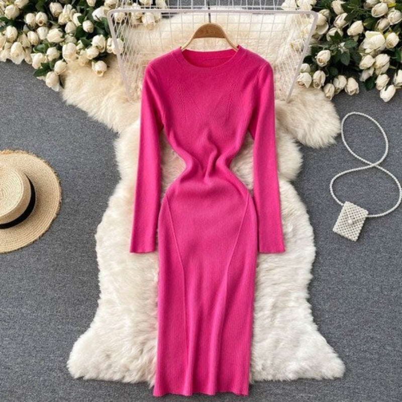 Elegant O Neck Tight Stretch Knit Dress For Women Pink One Size