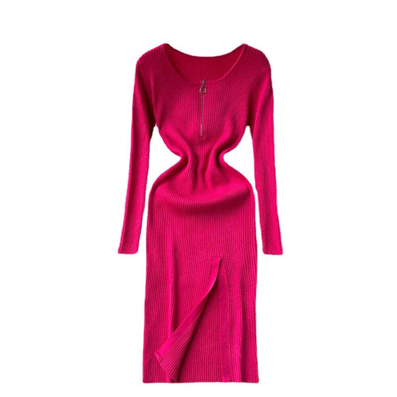 Slim Fit Knitted Long Sleeved Zipper Dress Pink One Size