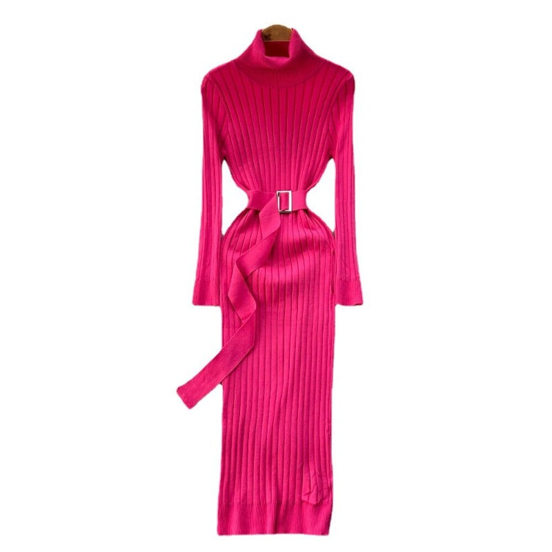 Knitted Waist Slimming Long Bodycon Dress With Belt One Size Rose Red