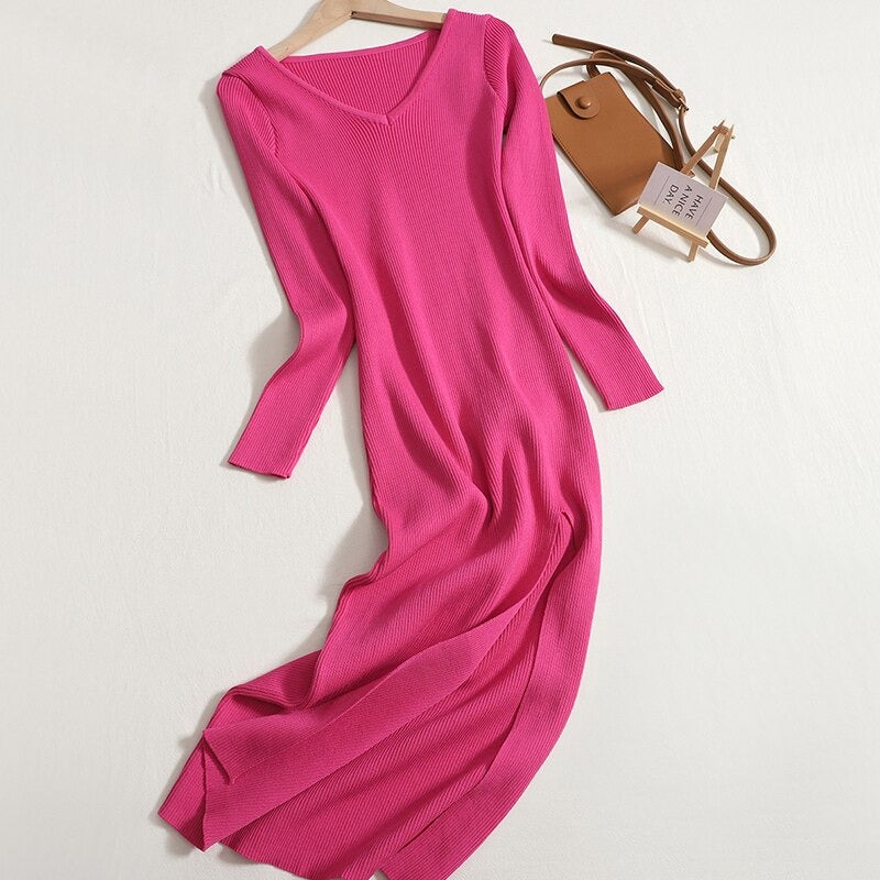 V-Neck Knitted Slim Long Sheath Knitted Dress Rose Red