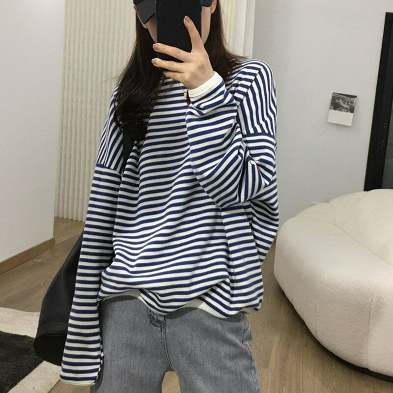 Women's Striped Oversized Casual Sweatshirt Blue One Size