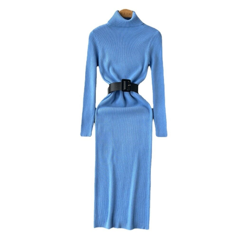 Women's Turtleneck A-Line Knitted Bodycon Dress With Belt One Size Blue