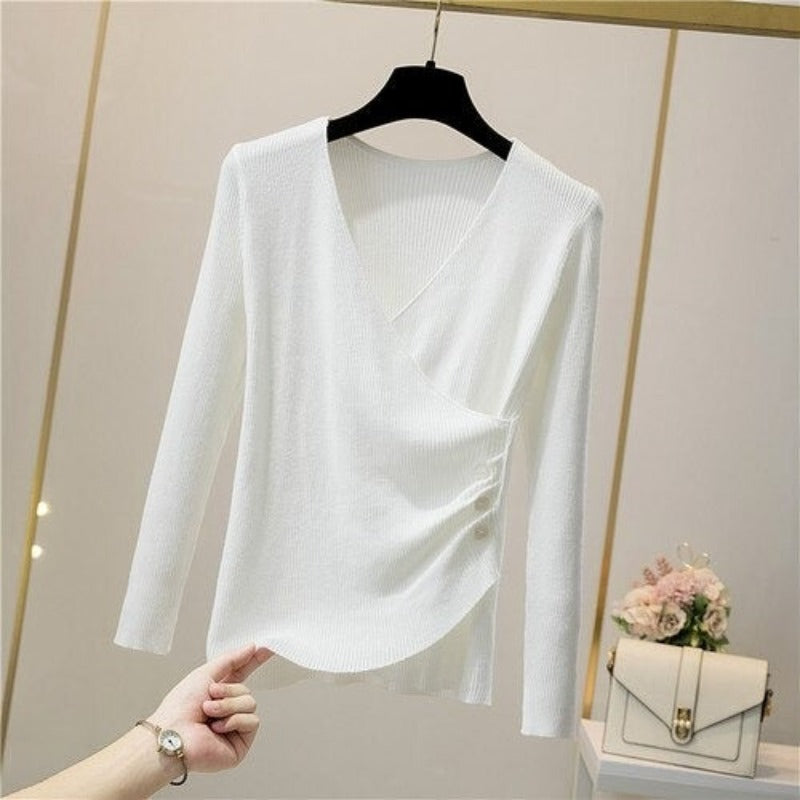 V-Neck Elegant Button Long-Sleeved Pullover For Women White One Size