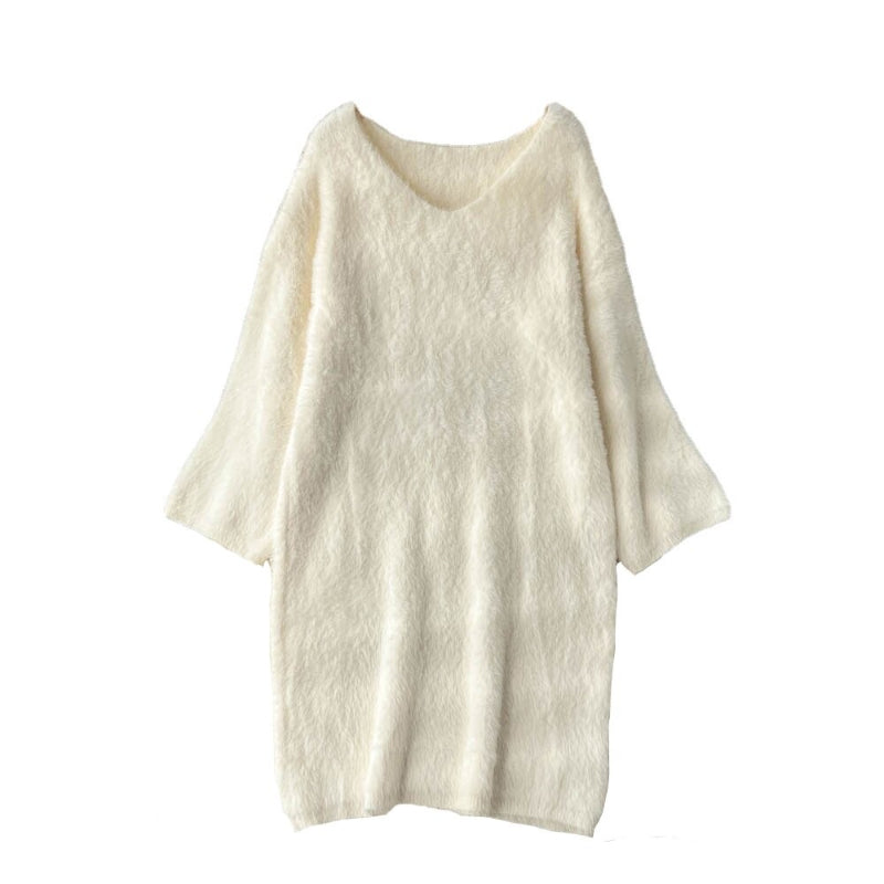 Loose V-Neck Vintage Knitted Sweater Dress One Size White