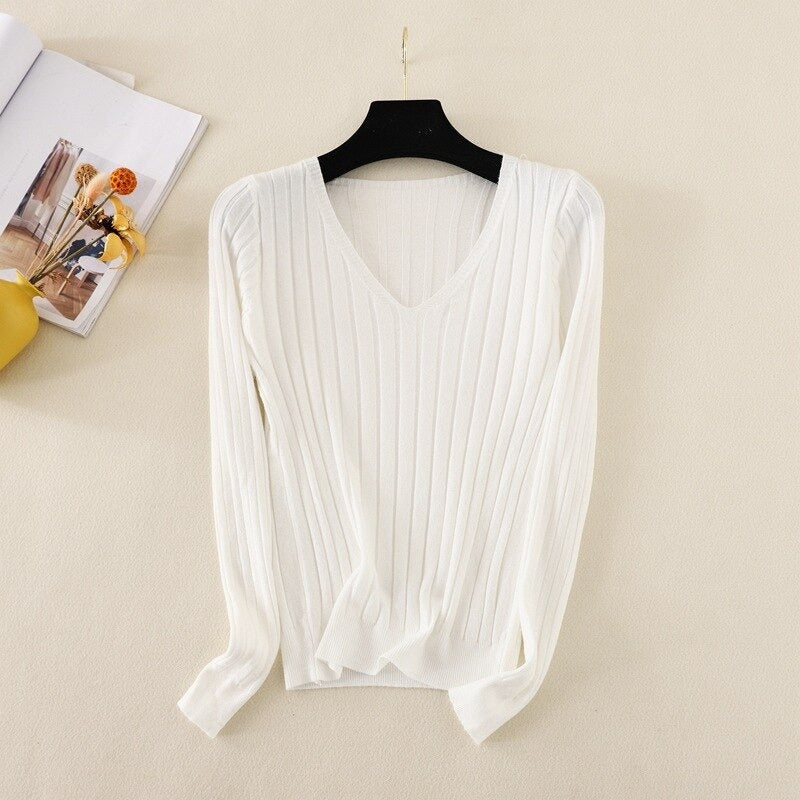 Basic V-Neck Solid Bodycon Knitted Sweater For Women White One Size