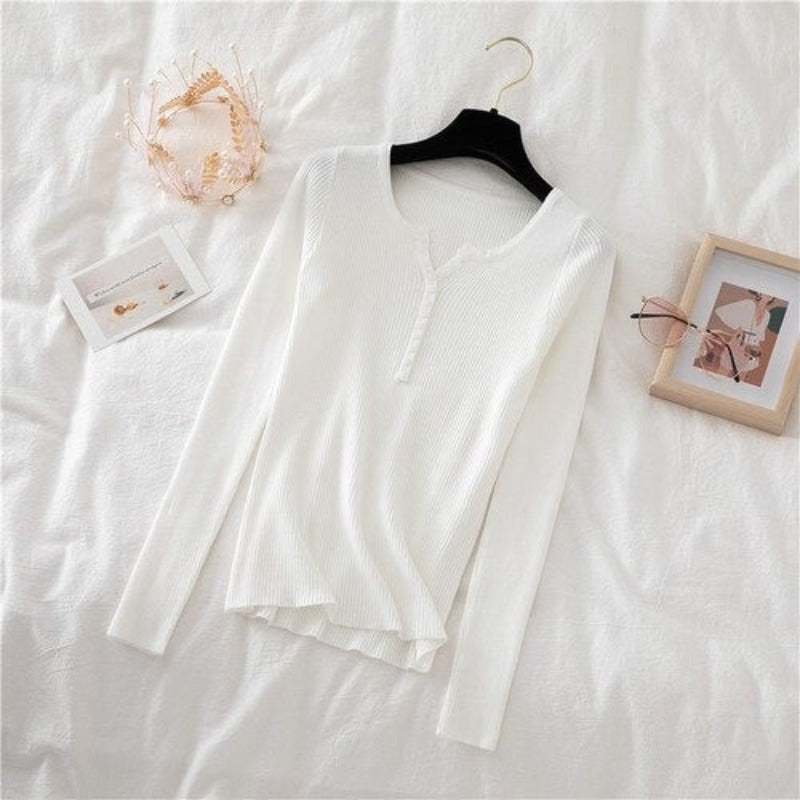 V-Neck Knitted Thin Long Sleeves Pullover For Women White One Size